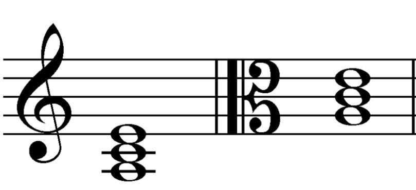 La triade de la-mineur en clé de sol (violon) et clé de do (alto)